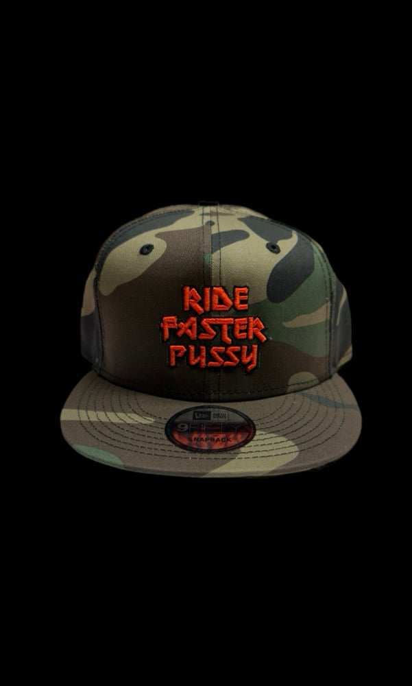 Green camo new era nine fifty snapback w/ orange and black embroidered puff