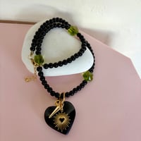 Image 2 of Black glass bead and green glass flower necklace with carabiner and heart 