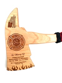 Image 2 of Firefighter Axe Award Custom Laser Engraved Cherry Wood