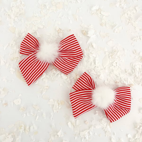 Image of Candy Striper Hair Bow with Faux Fur Pom