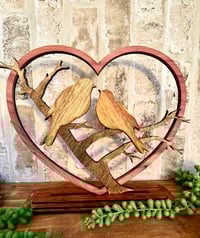 Image 1 of Wooden Bird Sculpture-Lovebirds in a heart 