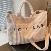 Image 3 of Women's Fashion Solid Color Corduroy Large Capacity Tote Bag, Letter Pattern with Contrast Design Ad