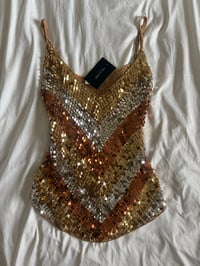 Image 1 of Vintage Y2K gold bronze and silver sequin asymmetrical hem crochet cami 