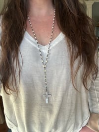 Image 10 of hand wrapped pearl and gemstone rosary style necklace with cross pendant