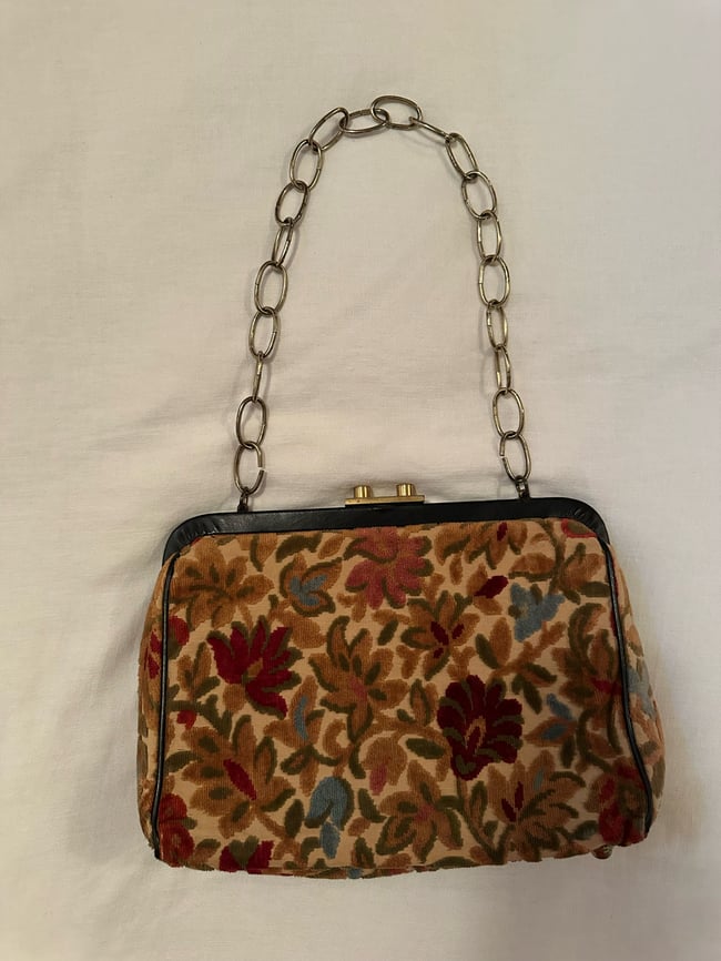 1960s velvet tapestry handbag with heavy chain strap 
