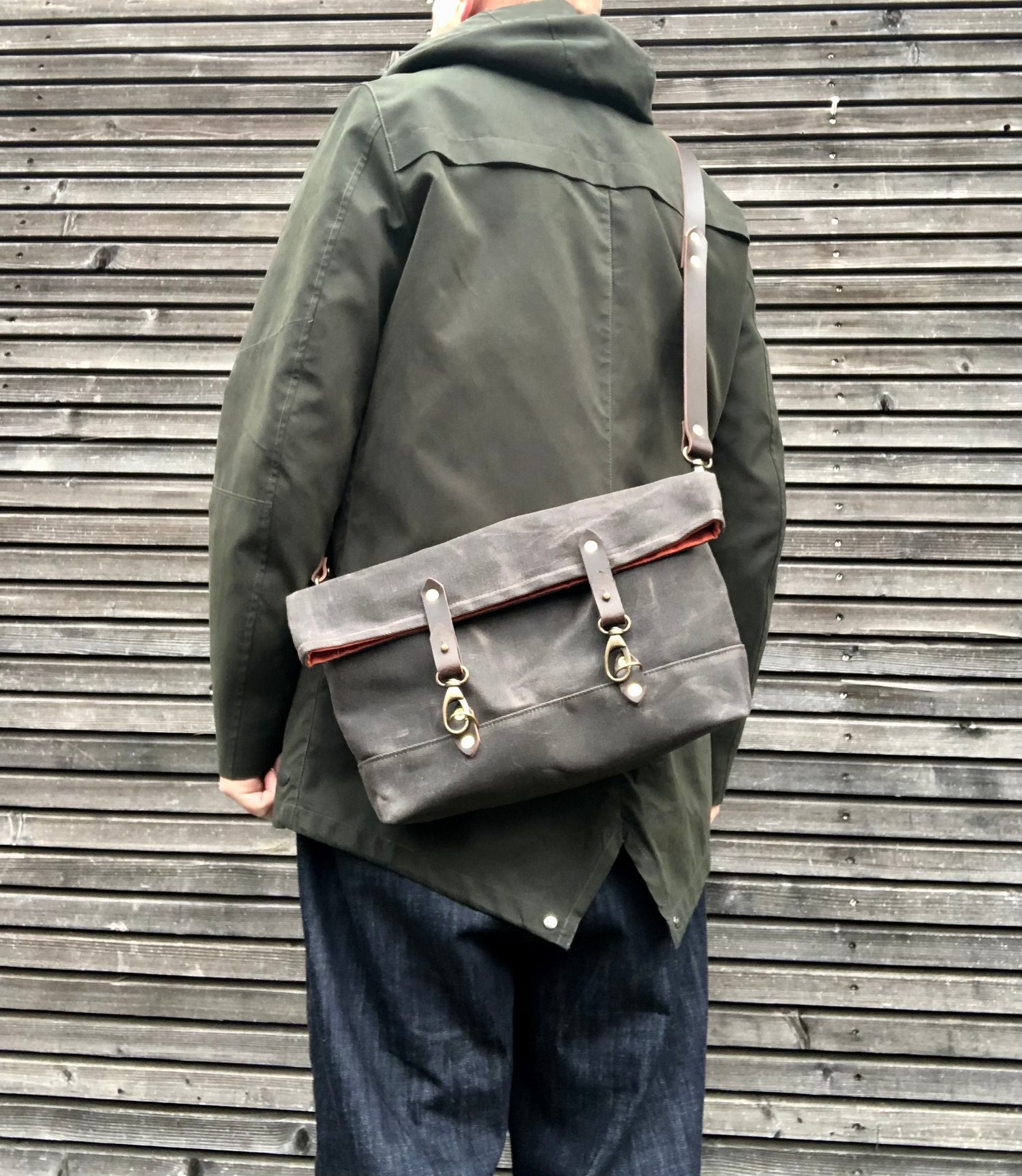 Image of Field bag made in waxed canvas and leather satchel / messenger bag / canvas day bag