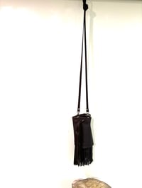 Image 2 of Tall and Slim Black Fringed Leather Crossbody Cylinder Bag