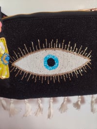 Image 2 of Black all seeing evil eye protection Bag and multi coloured flowet and mushroom head band  Copy