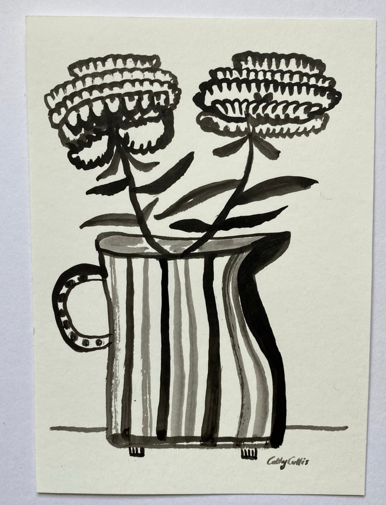 Image of Two chrysanthemums in a striped jug - ink drawing