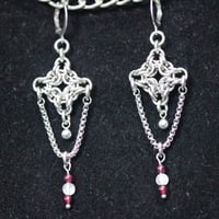 Chainmail diamond earrings with crystal quartz and garnet on box chain