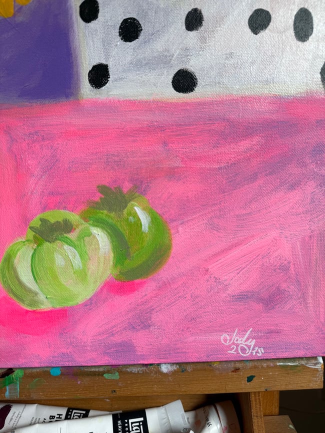 Garden flowers in a yellow pitcher with a polka dot curtain and green tomatoes. Original Painting