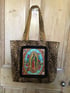  shoulder bag in leopard fabric with Virgin of Guadalupe patch and black or gold fringing Image 9