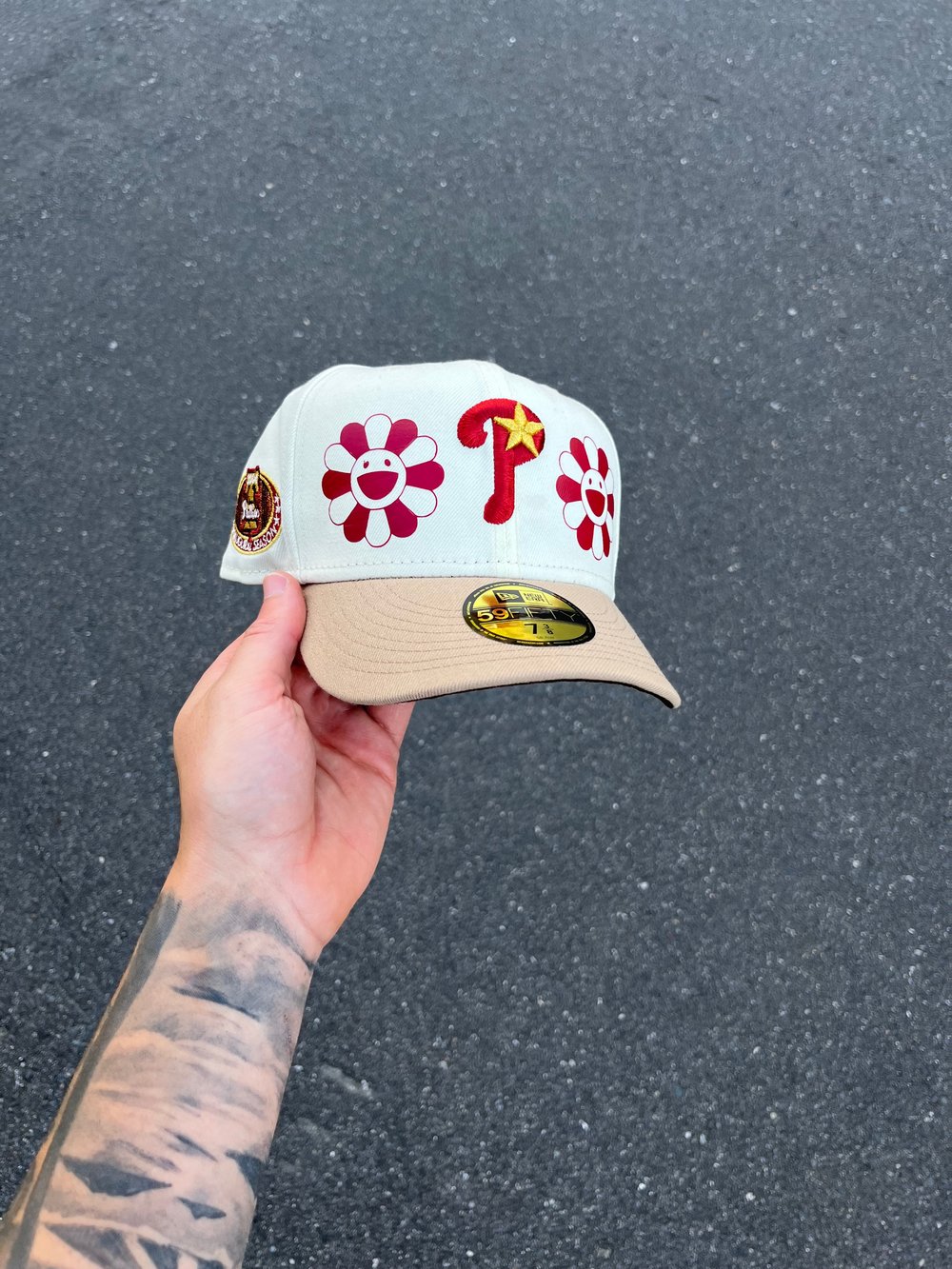 Image of BROWN BRIM OFF WHITE PHILADELPHIA PHILLIES CUSTOM FITTED CAP