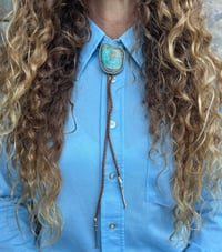 Image 3 of Large Kingman Turquoise Bolo Tie w/ Handmade Sterling Silver Tips