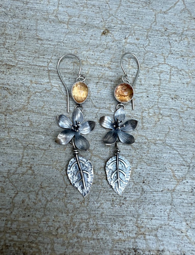 Image of Apple Blossom Flower and Leaf Statement Earrings