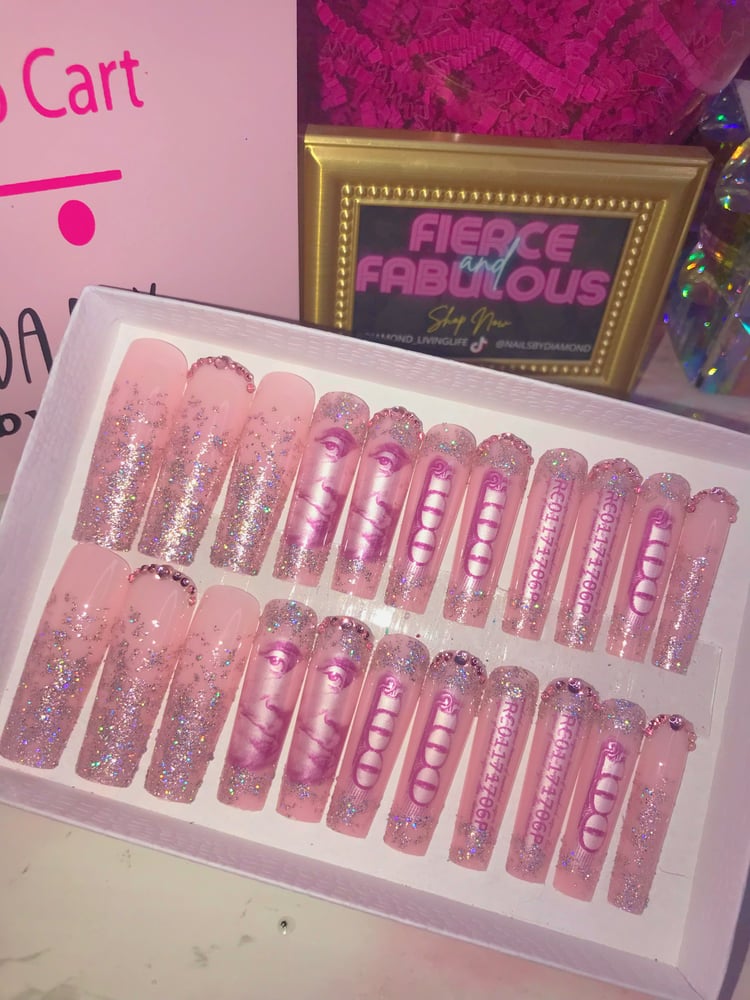 Image of 100 Dollar Bill Ben Frank Long Square Glitter Nail Set