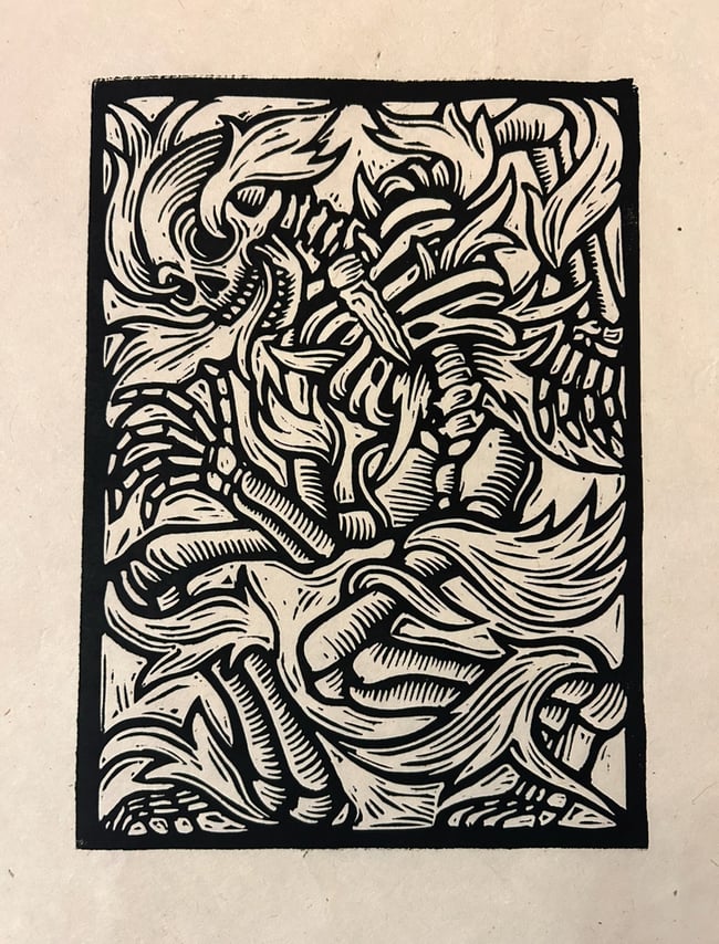 Skeleton On Fire Block Print