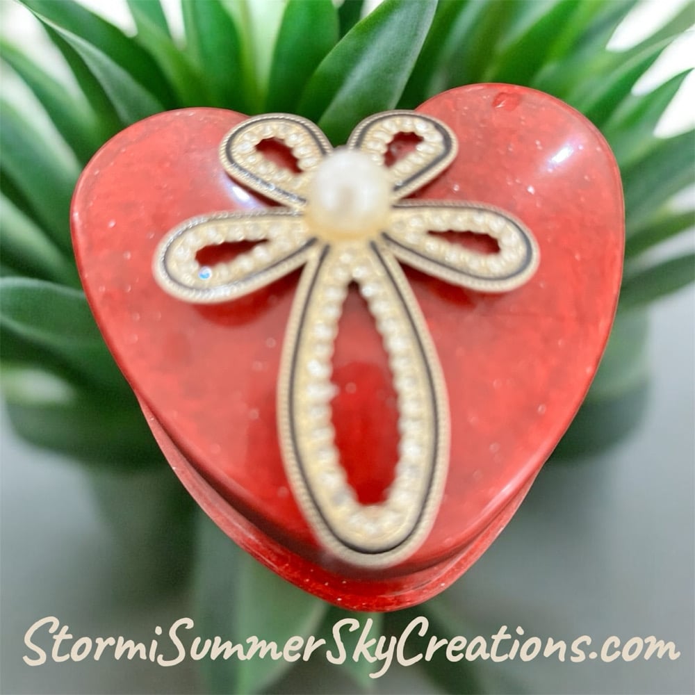 Image of Red heart shaped with Golden cross prayer/trinket box
