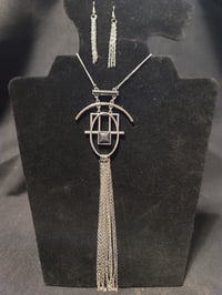 Image 1 of Necklace/Earring Set - silver, black with long silver tassels
