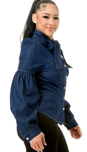 Image of Monica Love NeckTied Denim Blouse Shirts 