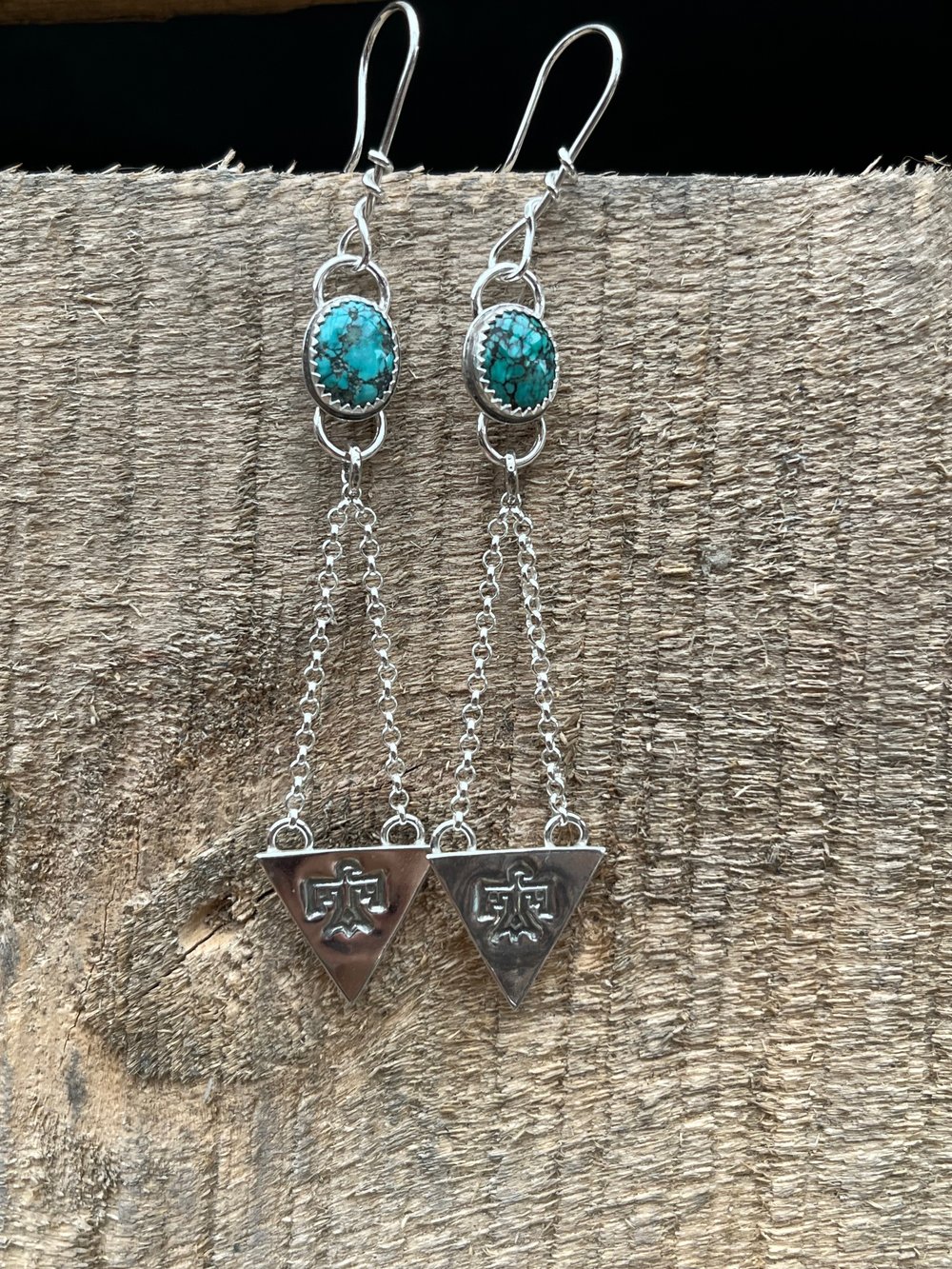 Handmade Sterling Silver Kingman Turquoise Thunderbird Dangly Earrings