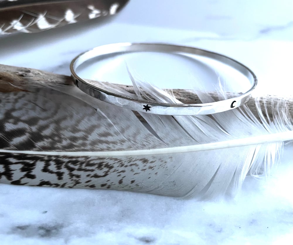 3 Celestial Sterling Silver Handmade Bangles, Moon, Star, Moon & Star