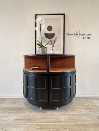 Image 3 of Pair of Nathan Corner Drinks Cabinets in Black and Walnut on Gold Hairpin legs