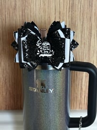 Image 2 of Black & White “Never Trust the Living” Straw Topper Bow