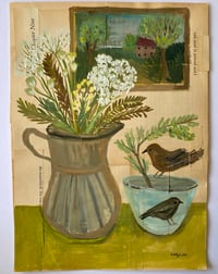 Jug of wild stems with bird bowl