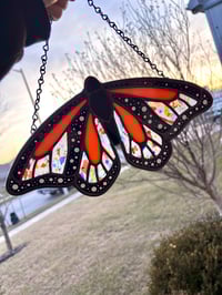 Image 4 of Orange Monarch Butterfly Stained Glass Suncatcher - Handmade Confetti Glass Window Art