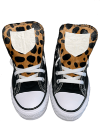 WHITE LEATHER SHIELD CHEETAH CHUCKS
