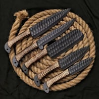 Image 3 of Set of 5 Handmade Carbon Steel Kitchen Knives with Ash Wood Handles, Hammered Blades & Leather Case