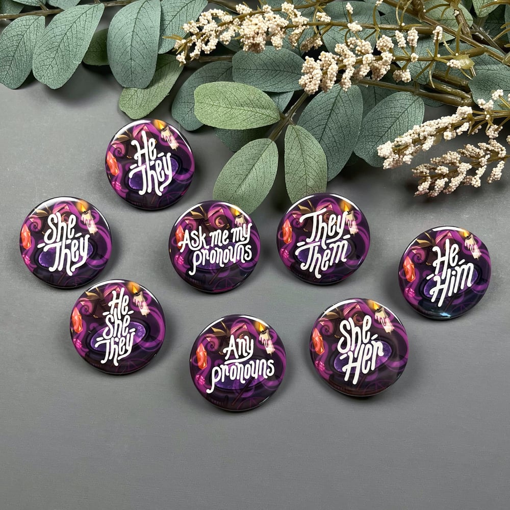 Witchy Pronouns Button / Purple Version