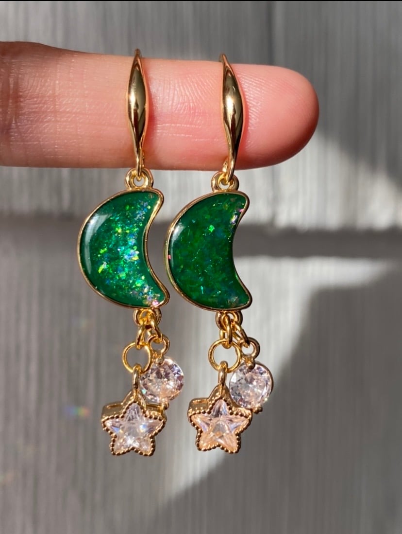 Image of Celestial Green Sky hook earrings ✨✨🌙✨