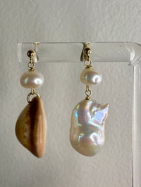 Image 2 of Tan cowry and baroque stud earrings 