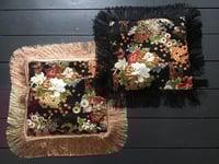 Image 1 of Japanese floral chrysanthemum print cushion cover with gold pink or black fringe