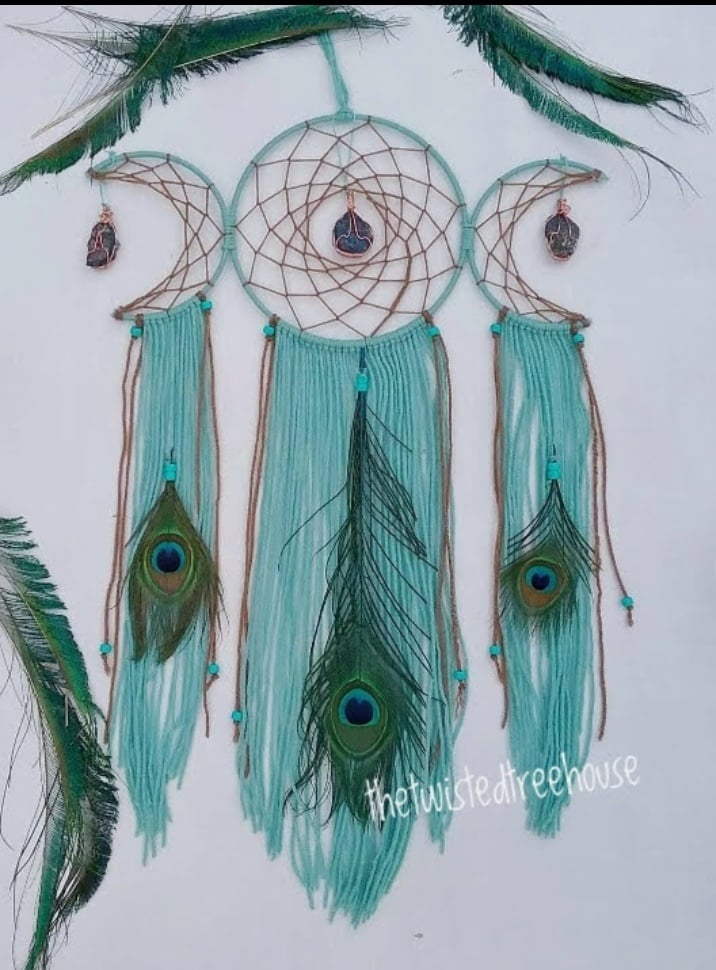 Image of Peacock Dreamcatcher, Triple Moon with Crystals, Peacock decor