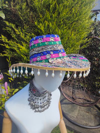 Image 3 of Dolly cowboy hat - recycled sari fabric green pink blue