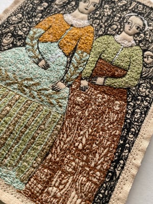 Image of two storytellers with their audience - larger embroidery artwork 