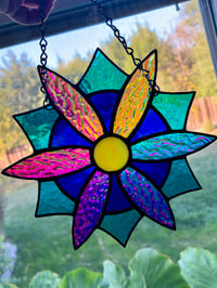 Image 1 of Dichroic Stained Glass Flower Suncatcher | Rainbow Petals Handmade Window Art