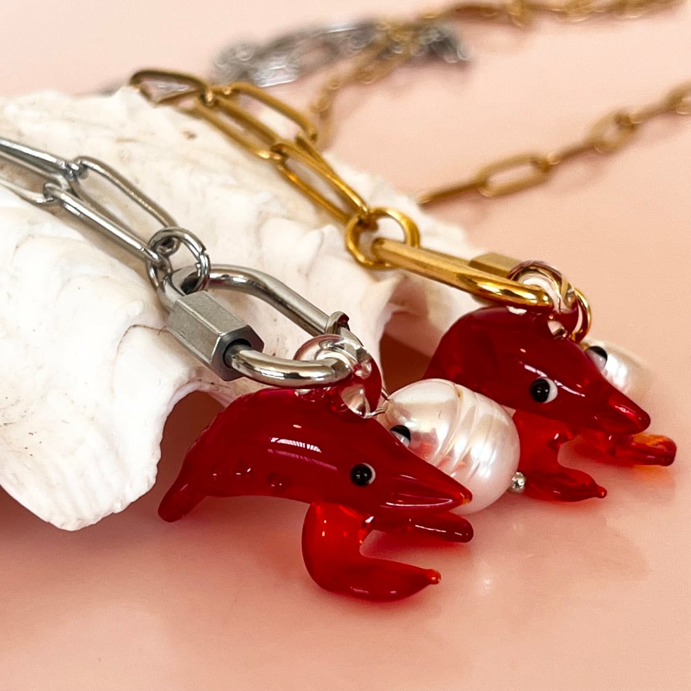 Image of Lobster and Pearl on a Carabiner Chain - Gold or Stainless