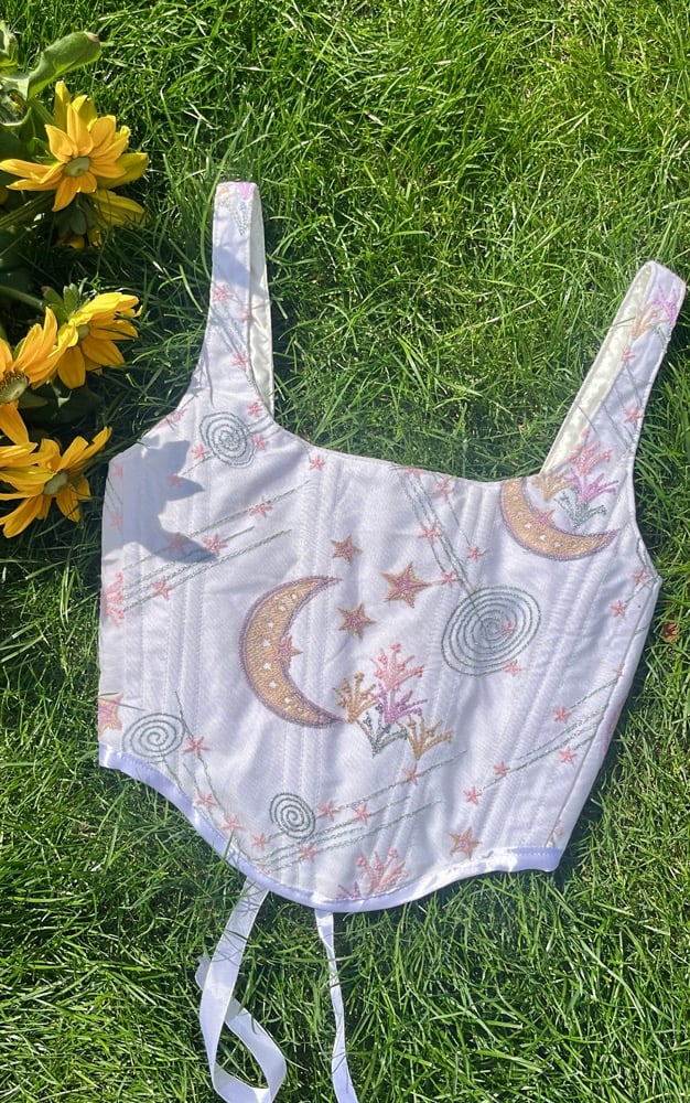 Moons, Stars and planet embroidered tulle Velvet handmade White corset