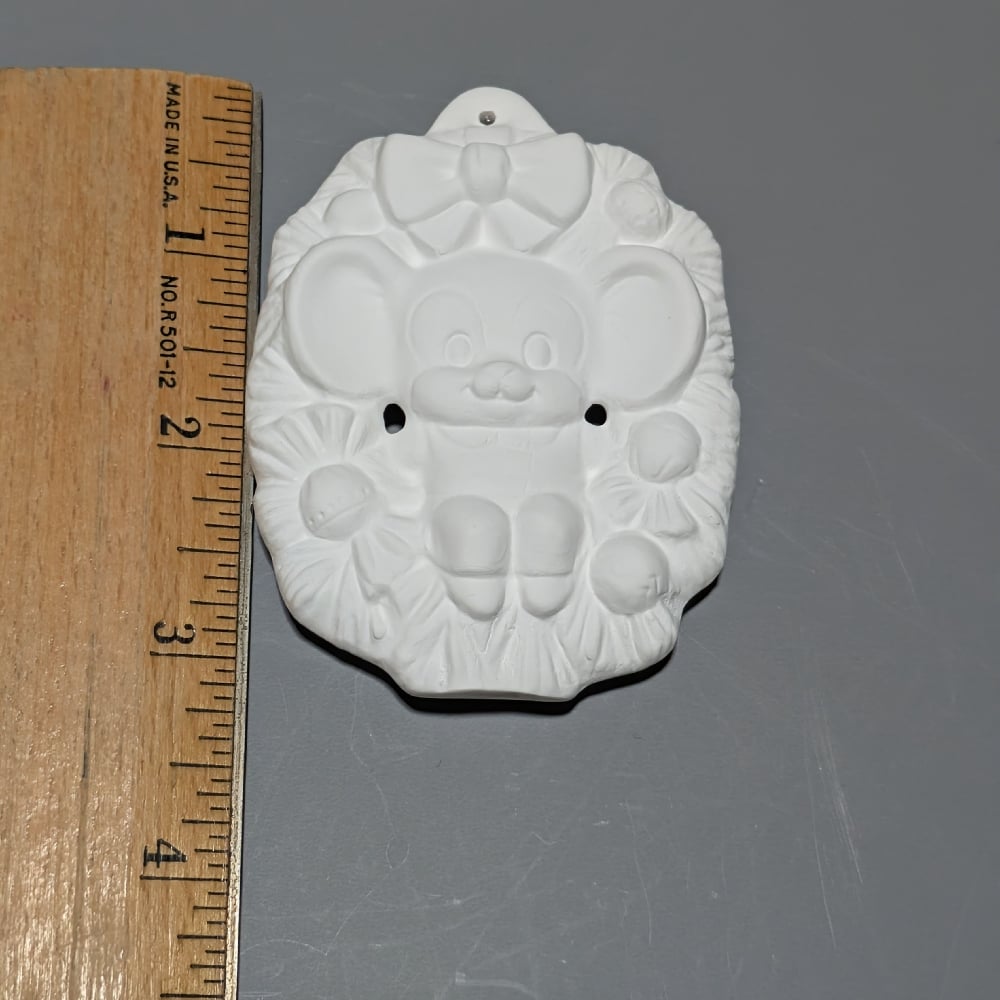 Image of Ceramic Bisque Ready to Paint Mouse in Wreath Ornament 