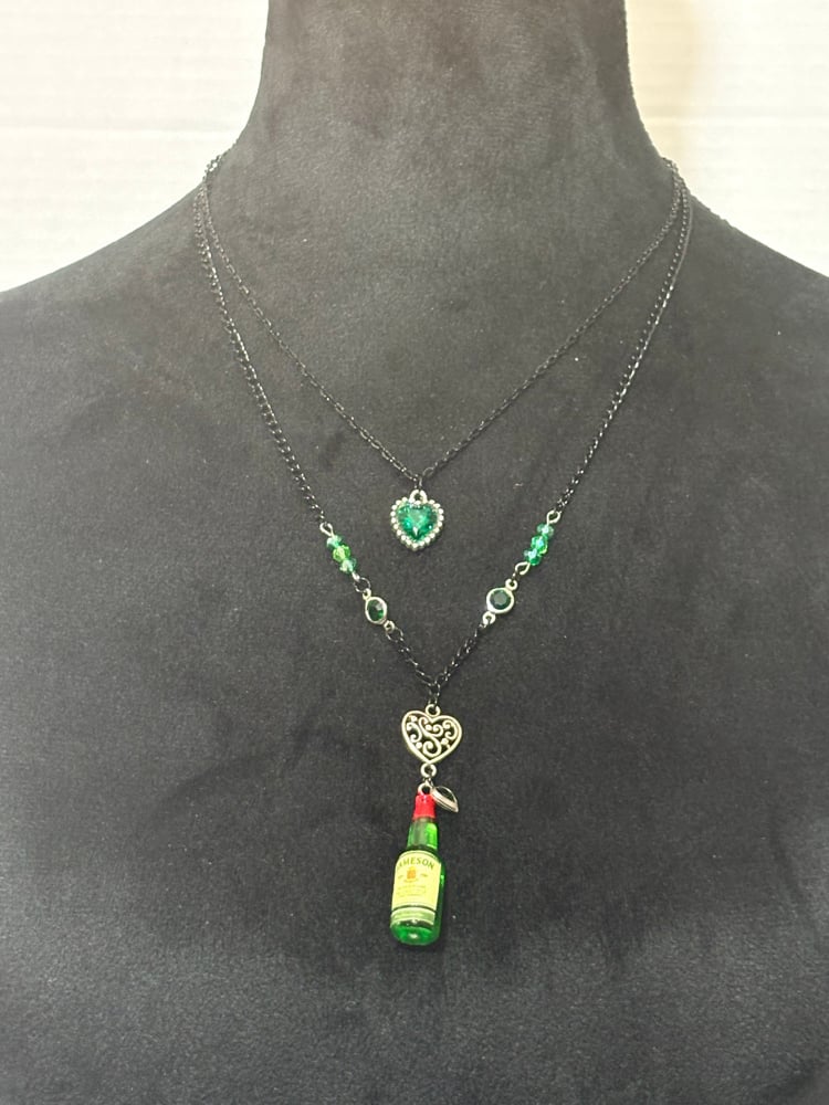 Image of Green Heart and Jameson whiskey Bottle and hearts Charm Necklace 