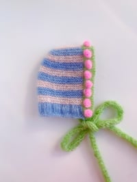 Image 4 of Sofie and Iris Blue, Pale Pink, Green and Bubble Gum Pink Striped Mohair Bubble Bonnet