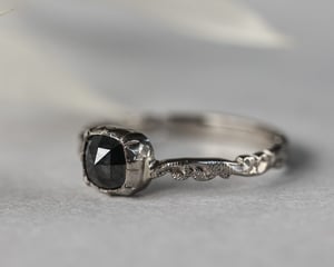 Image of *SALE - was £2400* 18ct White gold, rose-cut black diamond floral carved ring (LON209)