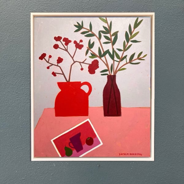 Image of Red Jug, Foliage and Postcard