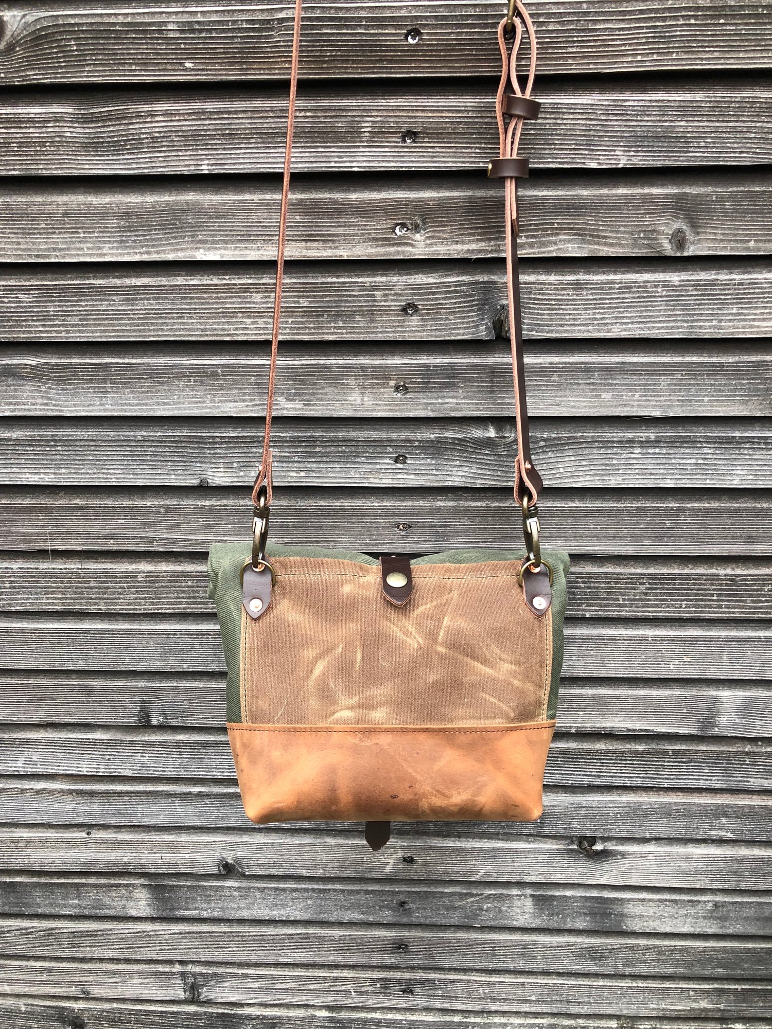 Image of Satchel in olive green waxed canvas with recycled leather base