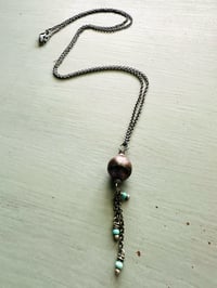 Image 14 of peacock pearl pendant with Kingman turquoise fringe