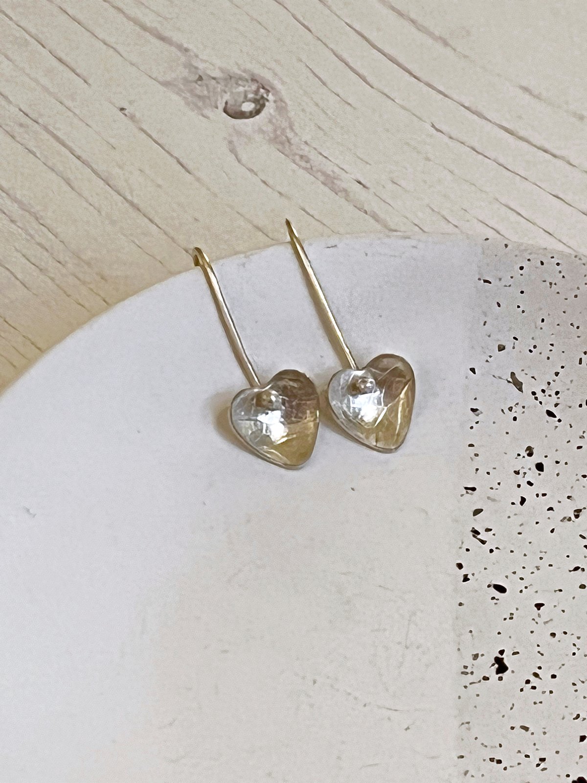 Image of Recycled sterling silver heart drop earrings. 